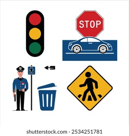 A set of vibrant 2D vector icons illustrating street elements and tools, including a traffic light, road sign, car, traffic police officer, trash can, pedestrian crossing sign, bus, bicycle.