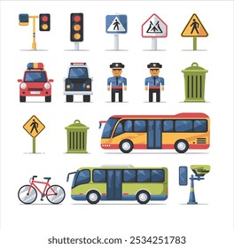 A set of vibrant 2D vector icons illustrating street elements and tools, including a traffic light, road sign, car, traffic police officer, trash can, pedestrian crossing sign, bus, bicycle.