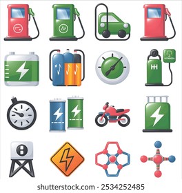 A set of vibrant 2D vector icons illustrating supplying cars, motorcycles, and other means of transportation with gasoline, electricity, and hydrogen.