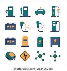 A set of vibrant 2D vector icons illustrating supplying cars, motorcycles, and other means of transportation with gasoline, electricity, and hydrogen.