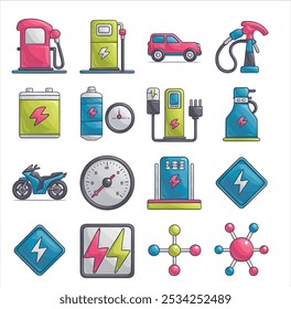 A set of vibrant 2D vector icons illustrating supplying cars, motorcycles, and other means of transportation with gasoline, electricity, and hydrogen.