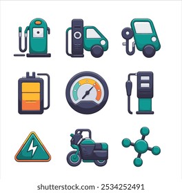 A set of vibrant 2D vector icons illustrating supplying cars, motorcycles, and other means of transportation with gasoline, electricity, and hydrogen.