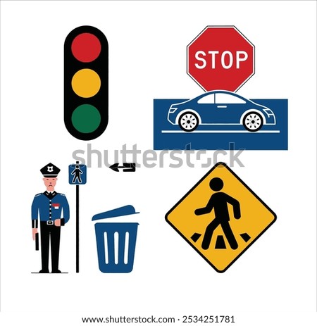 A set of vibrant 2D vector icons illustrating street elements and tools, including a traffic light, road sign, car, traffic police officer, trash can, pedestrian crossing sign, bus, bicycle.