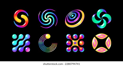 Set of vibrant 3D neon abstract shapes in Y2K style. Futuristic design vector elements in bold, eye-catching colors. Perfect for modern graphic design projects and social media graphics