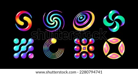 Set of vibrant 3D neon abstract shapes in Y2K style. Futuristic design vector elements in bold, eye-catching colors. Perfect for modern graphic design projects and social media graphics