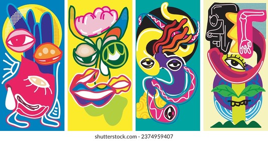 Set of vibrant abstract character, suitable for print or painting.