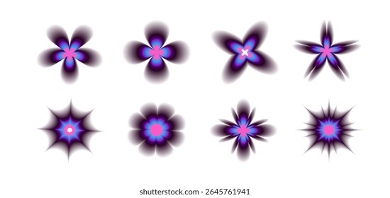 Conjunto de formas florais abstratas vibrantes com gradientes holográficos. Elementos florais modernos, psicodélicos e futuristas perfeitos para arte digital, designs contemporâneos, fundos e projetos criativos.