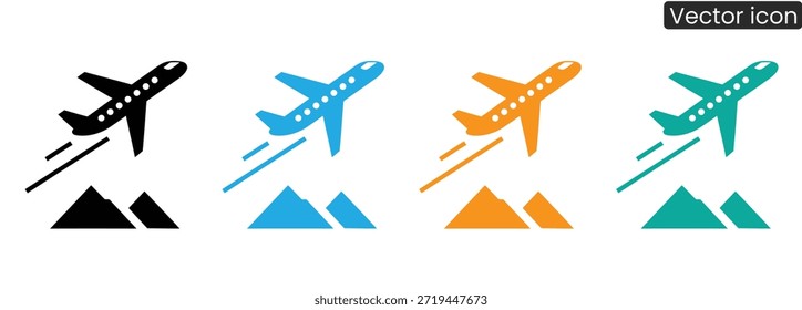 Conjunto de iconos de aviones vibrantes en diferentes colores que vuelan sobre las montañas, transmitiendo una sensación de aventura, viaje y exploración.