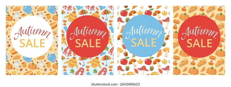 A set of vibrant autumn themed sale posters with colorful patterns with pumpkins, scarves, umbrellas, and cozy fall elements, perfect for seasonal promotions. Autumn sale text. Vector illustration