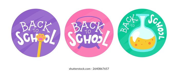 Set of vibrant Back to School designs, colorful circles with playful text, perfect for educational or back to school themes. Vector illustration
