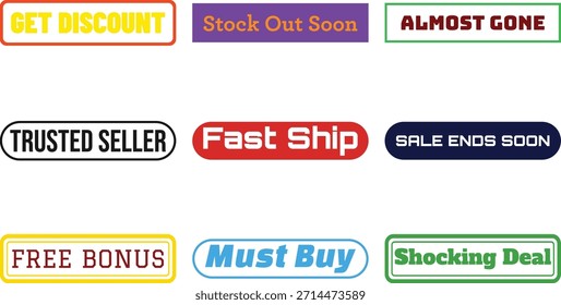 Un conjunto de vibrantes gráficos de insignias con varios mensajes promocionales diseñados para pantallas de compras en línea sobre fondo blanco