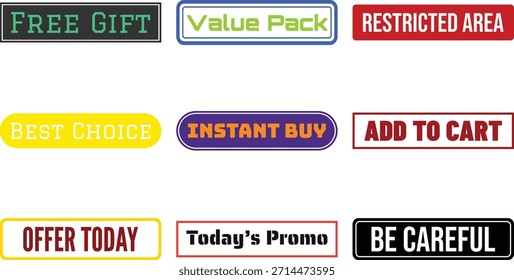 A set of vibrant badge graphics featuring various promotional texts arranged on a white background