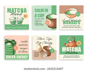 Set of vibrant banners designed for social media to promote matcha-related offers and lifestyle tips such as improving energy and enjoying matcha at home