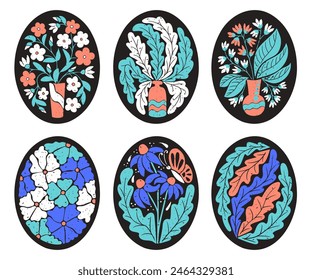 Set of vibrant botanical compositions in vase on black background. Flat hand drawn floral illustration in oval shape and in printmaking technique with grunge texture. Ideal for home decor