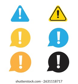 A set of vibrant caution symbols includes a blue triangle, yellow triangle, speech bubbles in yellow, blue, orange, and black, each with an exclamation point, all set on a white background.