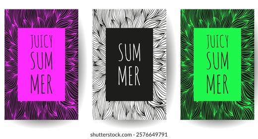 Set of Vibrant color Summer Abstract Poster Cover template design. Neon floral backgrounds collection. Perfect Abstract card with Frame for text. Vector illustration. EPS 10