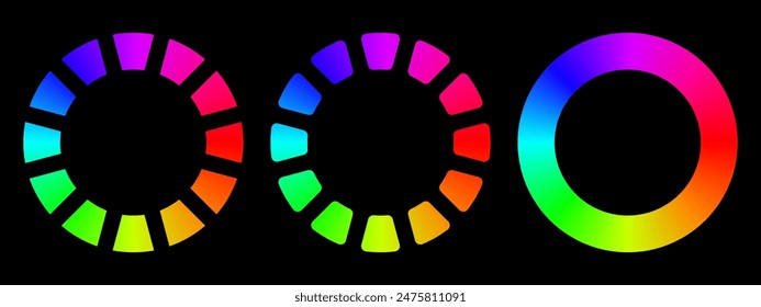 set vibrant color wheel with a gradient spectrum from red to violet, showcasing a full range of hues. Ideal for graphic design, color theory, RGB, CMYK, harmony, contrast, palette, spectrum