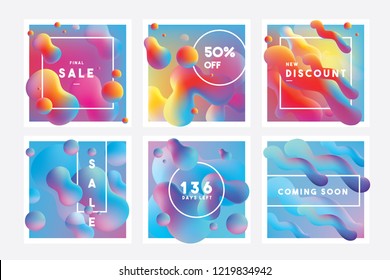 Set of vibrant colorful banner templates with marketing announcements and floating liquid gradient shapes in blue, purple, pink and yellow color combinations
