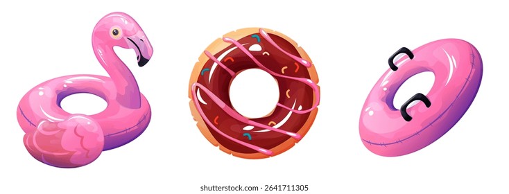 A set of vibrant and colorful float rings in vector style, featuring designs such as a donut, a flamingo, and a classic ring. The color palette includes shades of pink, brown, and chocolate.