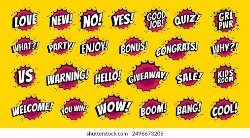 Set of vibrant comic-style text stickers with various exclamations and phrases, ideal for social media, promotions, and graphic design projects
