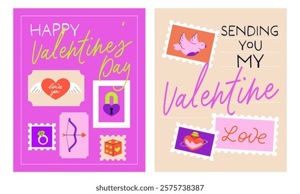 Set of vibrant Valentine’s Day posters featuring romantic elements like love stamps, hearts, and playful typography. Perfect for romantic events, holiday decor, and card designs