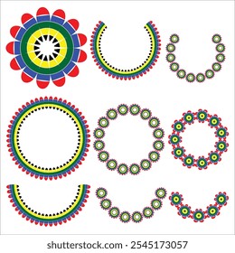 Um conjunto de padrões decorativos vibrantes circulares e semicirculares em estilos únicos