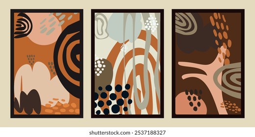 Eine Reihe lebendiger und dynamischer abstrakter Hintergründe oder Kartenvorlagen. Illustrationen mit kräftigen Farben, geometrischen Formen und organischen Texturen, die eine moderne und stilvolle Ästhetik schaffen. 