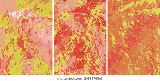 Set of vibrant and dynamic abstract textures featuring splashes of yellow and red. backgrounds, wallpapers, and artistic designs. The intricate patterns create lively and energetic visual effects.