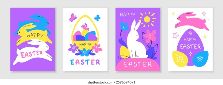 Set of vibrant Easter greeting cards with rabbit and colorful eggs.. Bright posters with handwritten lettering. Vector illustration in modern flat style.