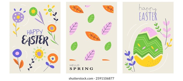 Set of vibrant Easter and spring posters featuring floral designs, colorful leaves, and decorative Easter eggs. Perfect for seasonal greetings, invitations, and festive decor