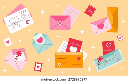 Conjunto de sobres vibrantes con letras sobre fondo amarillo claro. Colección de sobres con corazones, flores, cartas y sellos postales. Estilo plano de dibujos animados. Sobres divertidos. Ilustración vectorial.