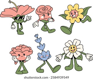 A set of vibrant and expressive spring flower mascots, each with a unique personality and fun, playful gestures, embodying the joy of blooming season with a charming and animated appearance.