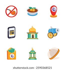 A set of vibrant flat icons depict various Islamic symbols and concepts.