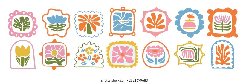 Conjunto de ilustraciones de marco floral vibrante en estilo vintage. Composiciones geométricas decorativas con flores naturales de primavera y Elementos botánicos. Perfecto para proyectos de diseño de temporada.