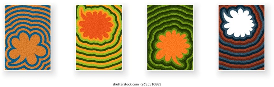 Set of vibrant floral shapes with groovy ripple textures. Vector illustration with retro-inspired color schemes and patterns.