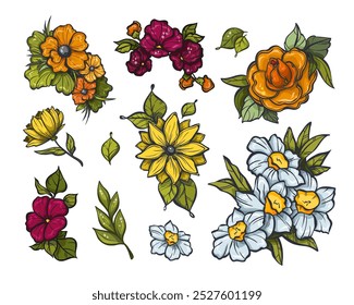 Set of vibrant flowers on a crisp white background