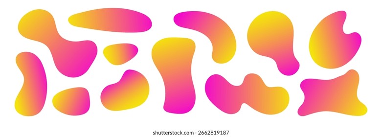 Satz von lebendigen flüssigen Blobformen mit glatten gelben rosa Farbverlauf. Abstrakte flüssige organische Elemente für modernes Design, Branding, Web-Dekor, Verpackung, Hintergrund, Social Media