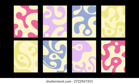 Conjunto de fondos funky vibrantes con Elementos de Vector groovy. Abstractas patrones decorativos con un sentimiento hippie psicodélico y un toque retro moderno.
