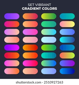 Conjunto de paleta de colores degradados vibrantes para diseñadores, desarrolladores web y artistas gráficos. Coloridas muestras de degradado para inspirarse.