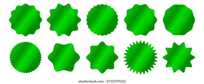 Conjunto de vibrantes gradientes verdes starburst insignias y sellos, certificaciones ecológicas, etiquetas de productos orgánicos, pegatinas de descuento