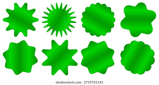 Conjunto de vibrantes gradientes verdes starburst insignias y sellos, certificaciones ecológicas, etiquetas de productos orgánicos, pegatinas de descuento