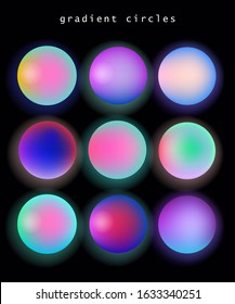 Set of vibrant gradient spheres or circles on dark background.