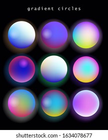 Set of vibrant gradient spheres or circles on dark background. 