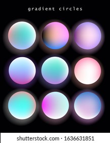Set of vibrant gradient spheres or circles on dark background.