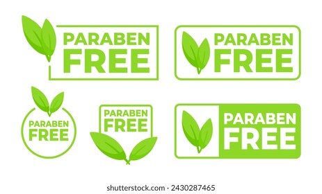 Set of vibrant green labels featuring Paraben Free with a leaf symbol, designed for health conscious skincare and beauty products.