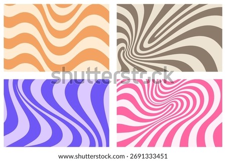 Set of vibrant groovy wavy backgrounds in retro style. Psychedelic abstract swirl patterns inspired by 70s design, perfect for posters, packaging, and digital art.