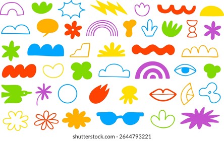 Conjunto de formas abstratas vibrantes desenhadas à mão em várias cores. Inclui flores, arco-íris, raios, lábios, olhos, nuvens e elementos decorativos. Ideal para design moderno. Vetor EPS 10