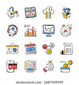A set of vibrant hand drawn doodle icons depicts financial concepts and business elements