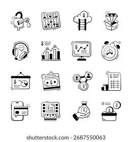 Un conjunto de vibrantes iconos de doodle dibujados a mano representa conceptos financieros y Elementos de negocios