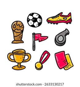 A set of vibrant hand-drawn illustrations depicting football-related icons, including soccer balls, gloves, flags, and integration of trophies, medals, and yellow and red referee cards.